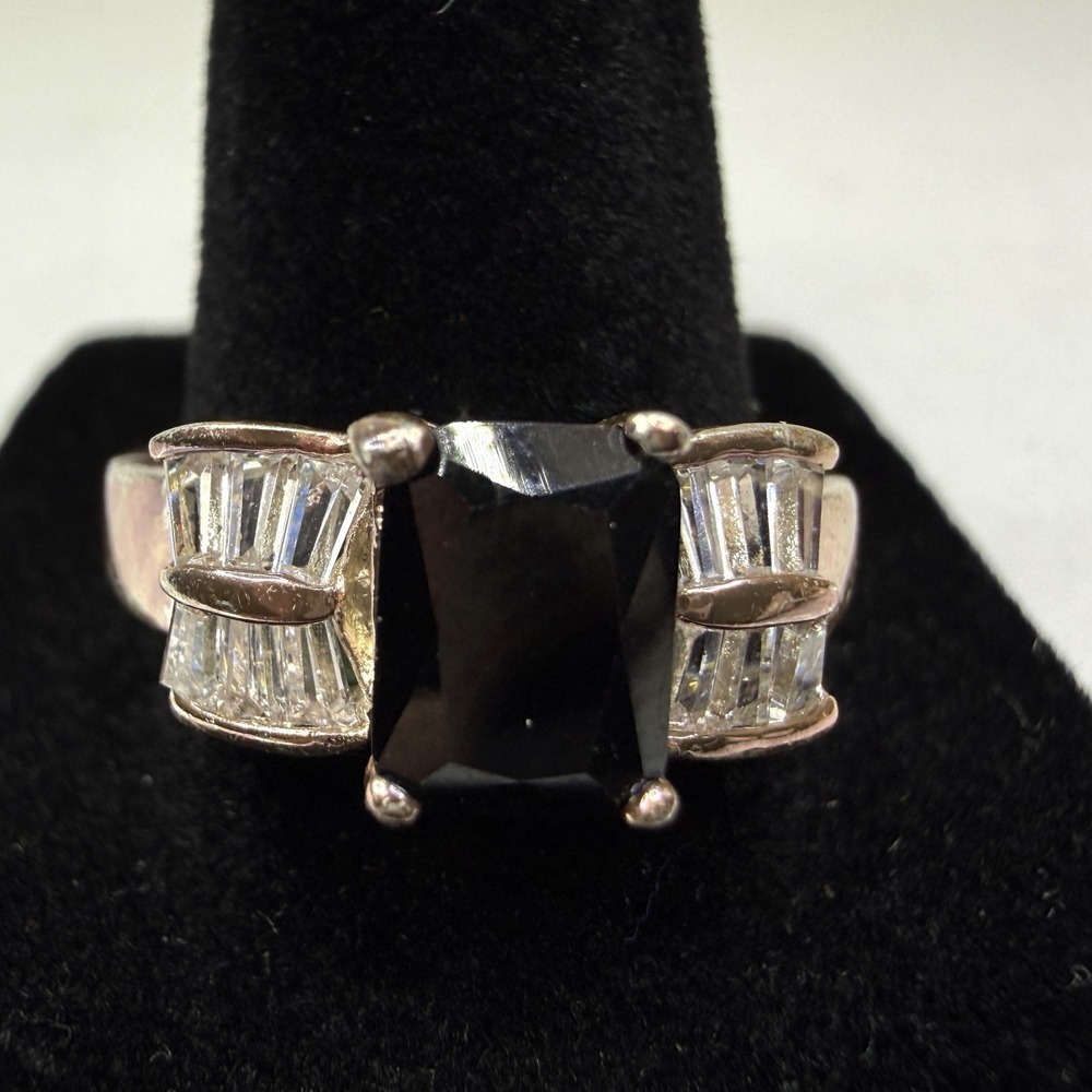 Elegant Gold Silver Tone Black Spinel & Baguette Rhinestone Statement Ring Sz 9